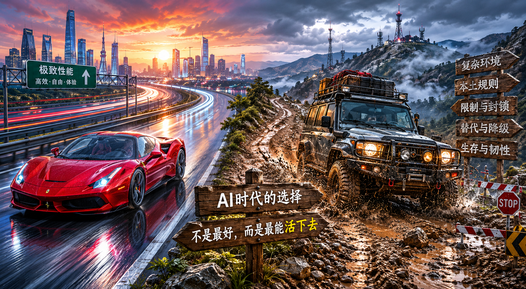 高速公路上的超跑与泥泞山路上的越野车并置，象征 AI 时代技术性能与本土化生存能力的差异。
