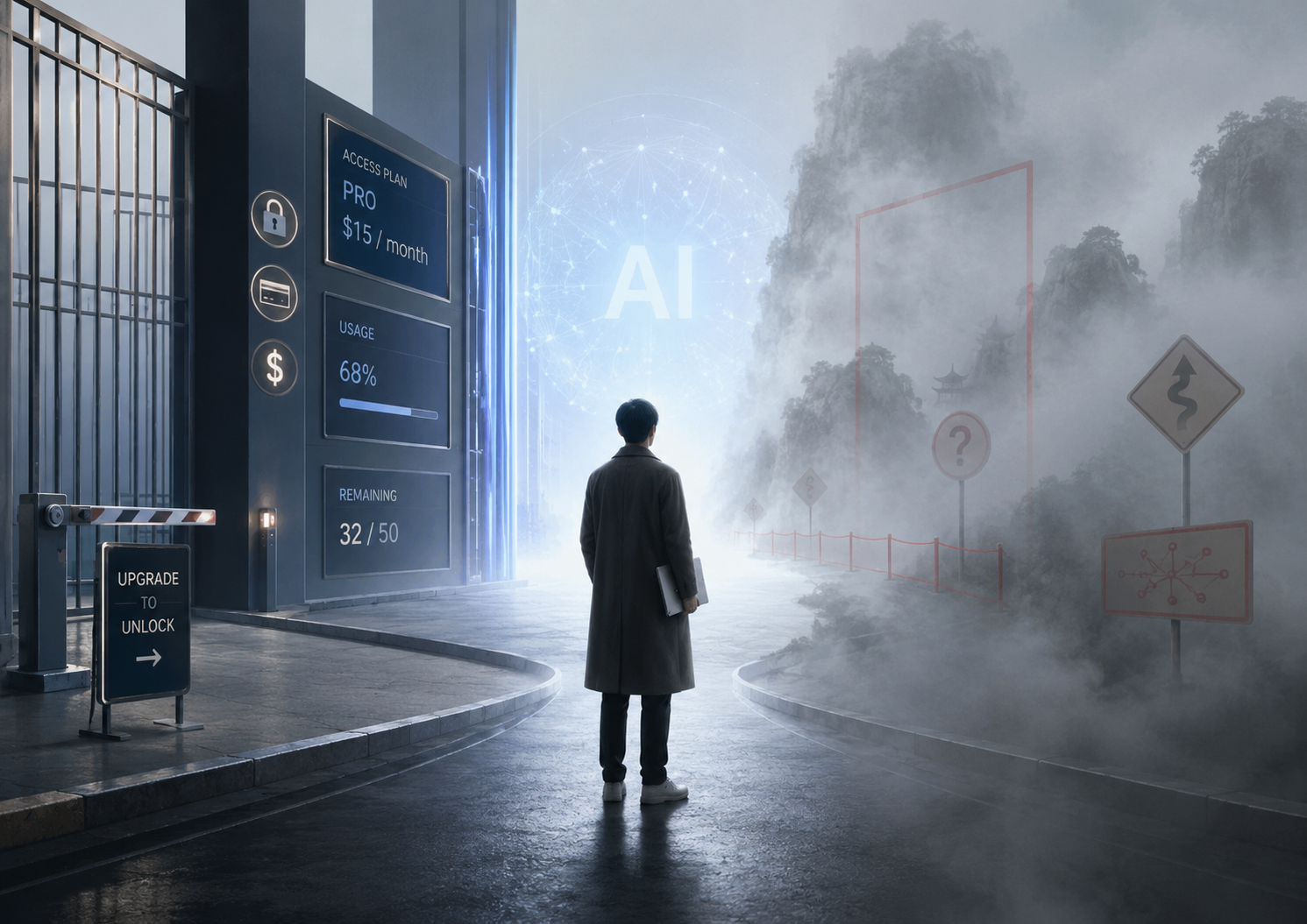 AI时代的付费墙与迷雾墙：一边是清晰的价格门槛，一边是模糊的现实边界。